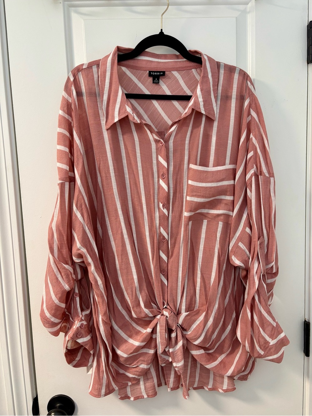 torrid Gauze Striped Button-Front Tie-Hem Shirt